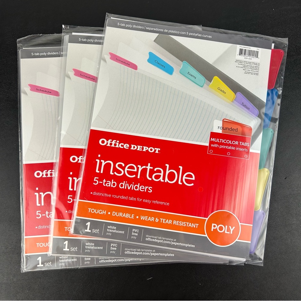Office Depot Insertable 5-Tab Dividers Rounded & Multicolored Tabs **Lot of 3**